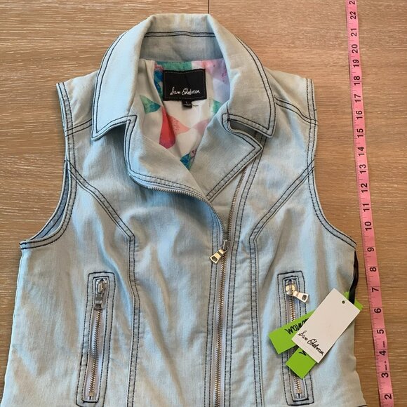 Sam Edelman Denim Cropped Moto Vest Blue Women's Sleeveless Jean Jacket- L-- NWT - Picture 6 of 12